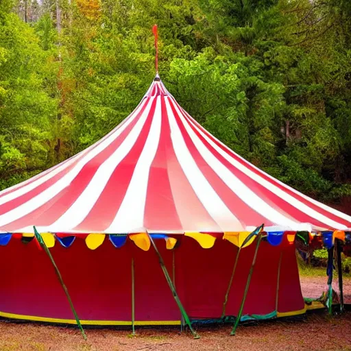 Prompt: a circus tent in the middle of the forest