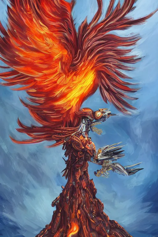 Prompt: Mechanical Cyborg Phoenix Perched on a Burning Spruce Tree, illustration, digital painting, professional art, detailed, celshaded