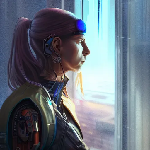 Image similar to portrait of cyberpunk woman looking out of a window, cyberpunk setting, futuristic, highly detailed, intricate lighting, digital painting, sharp focus, illustration, trending on artstation, art by ufotable.