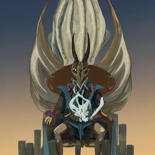 Prompt: concept art painting of a dragonlike anthropomorphic humanoid creature with a long dragon neck and horned skull mask, sitting on a throne, anime style, cel shaded, in the style of makoto shinkai and james gurney and studio ghibli and moebius