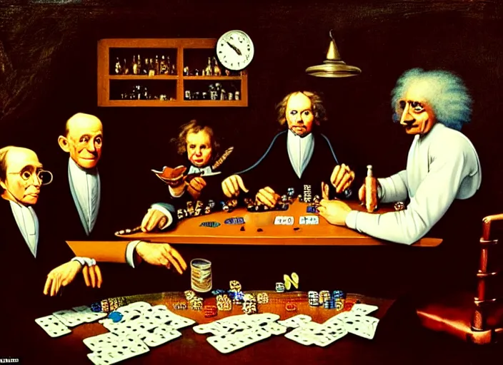 Prompt: family photo of isaac newton and stephen hawkins an einstein playing poker in an old west saloon in the style of norman rockwell