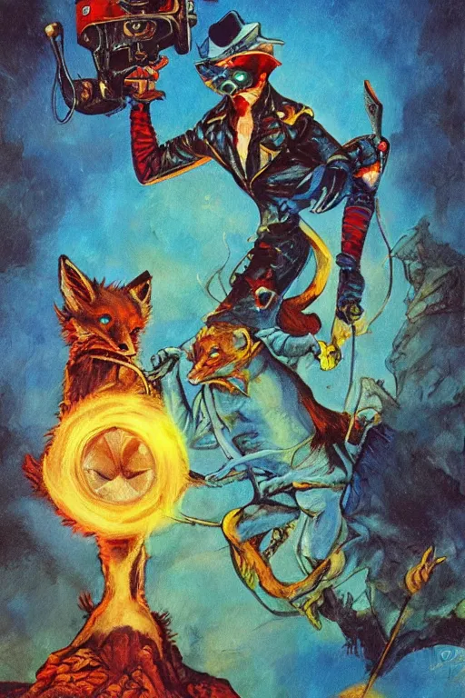 Prompt: fox hunter of the durnan, art by frank kelly freas and fred fields and alicia austin, trending on artstation, iridescent cool blue and cyan and red and blue and yellow and green lighting fish eye gigapixel, dark academia, trending on artstation, stuckism, cubism