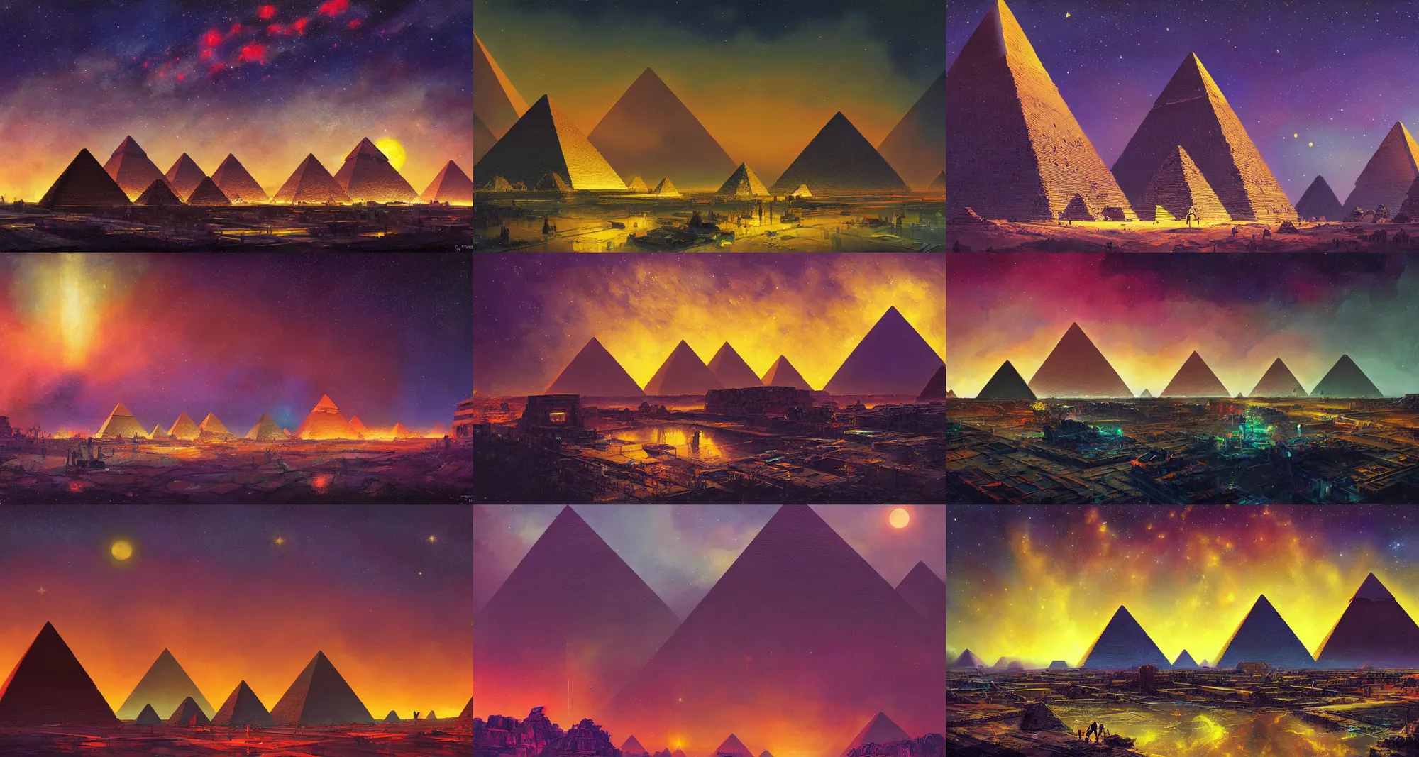 Prompt: an establishing shot of the cyberpunk pyramids of giza, digital art, fantasy painting, at night time, ancient civilisation, construction, dark sky, clear sky, reflecting pool, milky way, muted colours, by paul lehr, jesper ejsing