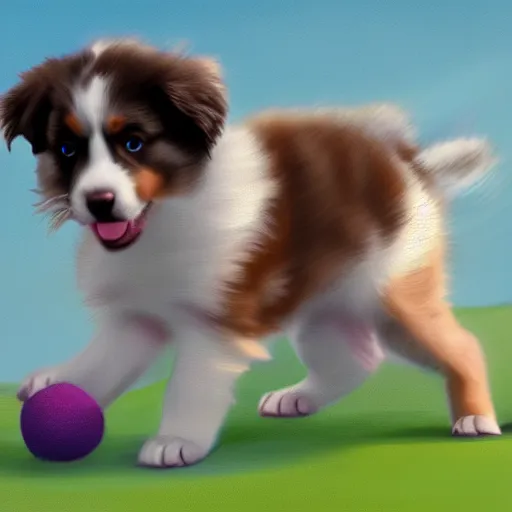 Prompt: digital painting of an Australian shepherd puppy playing fetch