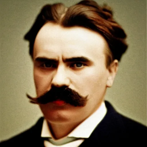 Image similar to linkedin profile picture of friedrich nietzche, blurry background, color photo