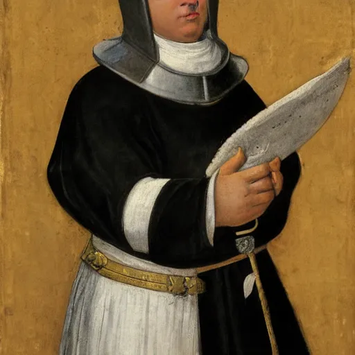 Image similar to medieval portrait of a black and white cat dressed as a knight, in the style of eugene de blaas