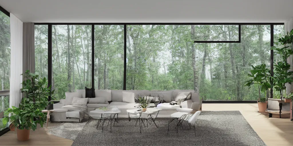 Image similar to a beautiful modern living room with wood floors, large windows with a beautiful view, an area rug, plants, forest, mountains, realistic, hd, 8 k, digital rendering, unreal engine, blender, octane, maya