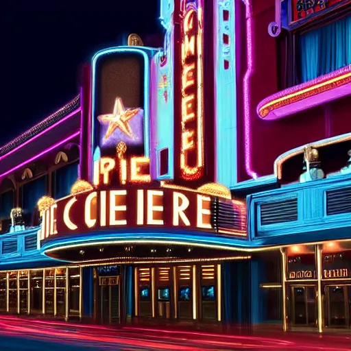 Image similar to incredible image of art deco palace movie theater from outside at night, luxury, hyper detail, hyper real,