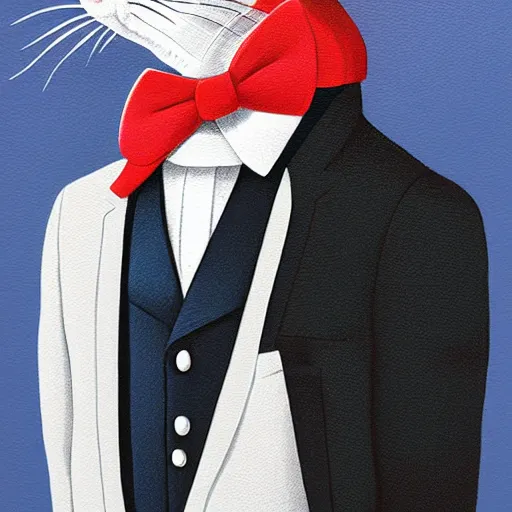 Image similar to portrait illustration of funny cat in the white tuxedo and red tie by jeremiah ketner, quint buchholz, wlop, dan mumford