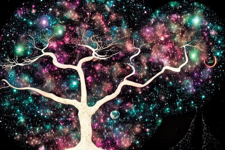 Prompt: a cosmic yggdrasil with galaxies hanging from the branches by mushroom dreams visionar, digital art, artstation, low angle, high detail, intricate, white wood, wide shot,