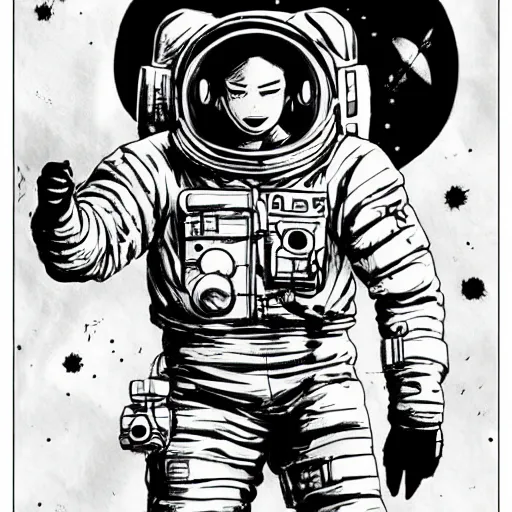 Prompt: character concept art, manga drawing, astronaut, sci fi!!!!, pen and ink illustration, mike mignola, trending on artstation