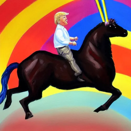 Image similar to a realistic painting of donald trump riding a rainbow unicorn