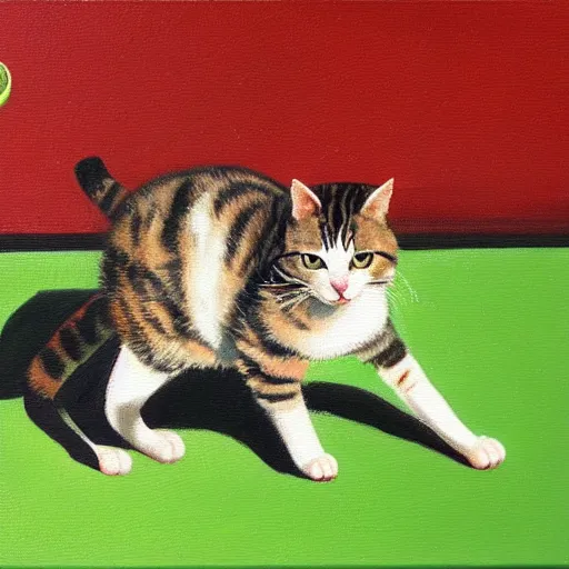 Image similar to cat playing tennis, oil painting