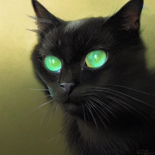 Image similar to small black cat with big green eyes, intricate, elegant, highly detailed, digital painting, artstation, concept art, matte, sharp focus, illustration, art by Artgerm and Greg Rutkowski and Alphonse Mucha