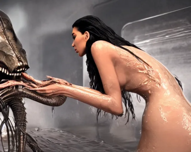 Image similar to film still of kim kardashian being fed by an xenomorph slathered in a transparent alien liquid, wet flowing hair, gooey skin, illustration, unreal engine 5, 8 k, directed by h. r. giger.