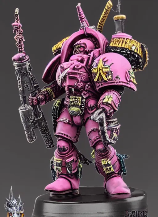 Image similar to 8 0 mm resin detailed miniature of a drunk warhammer 4 0 k space marine with pink dragonscale armor, product introduction photos, 4 k, full body,