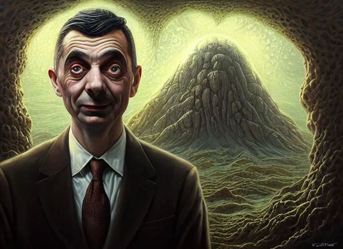 Image similar to lovecraft biopunk portrait of mr bean, fractal background, by tomasz alen kopera and peter mohrbacher