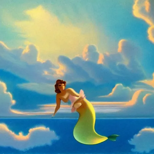 Prompt: dreamy mermaid in the sky with flowing stratocumulonimbus clouds for hair, golden hour clouds at sunset high in the sky wonderland, floating matte painting from Fantasia (1940)