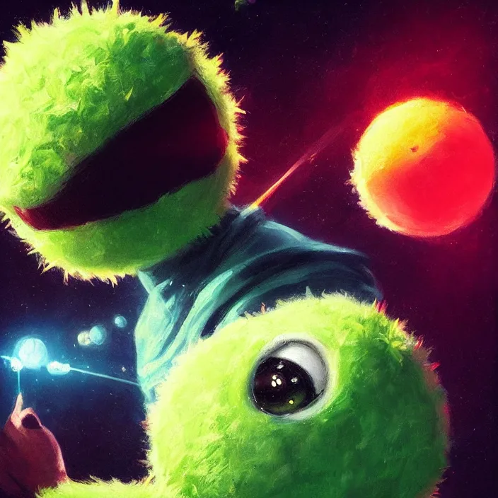 Image similar to cinematic portrait of a cute tennis ball monster in the abyss of space, chalk, masterpiece, trending on artstation, featured on pixiv, cinematic composition, dramatic pose, beautiful lighting, sharp details, hyper-detailed, HD, HDR, 4K, 8K, art by Basil Gogos