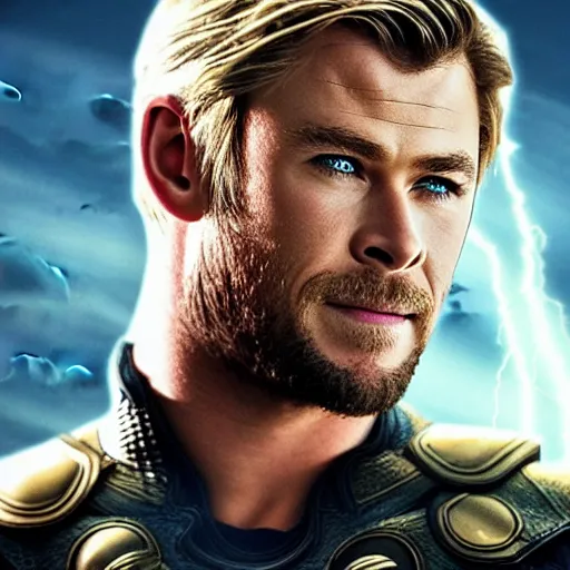 Image similar to chris hemsworth as thor is holding a duck, highly detailed, realistic face, 4k, hd