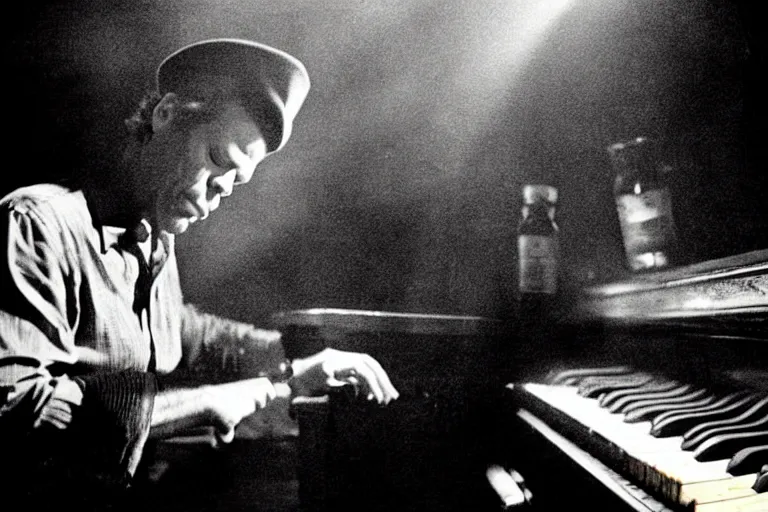 Prompt: tom waits playing an old piano in a dingy whiskey bar, cigarette smoke, broken jukebox, drunk asleep at a table, jack daniels, faded color photograph, moody, atmospheric, light rays through smoke