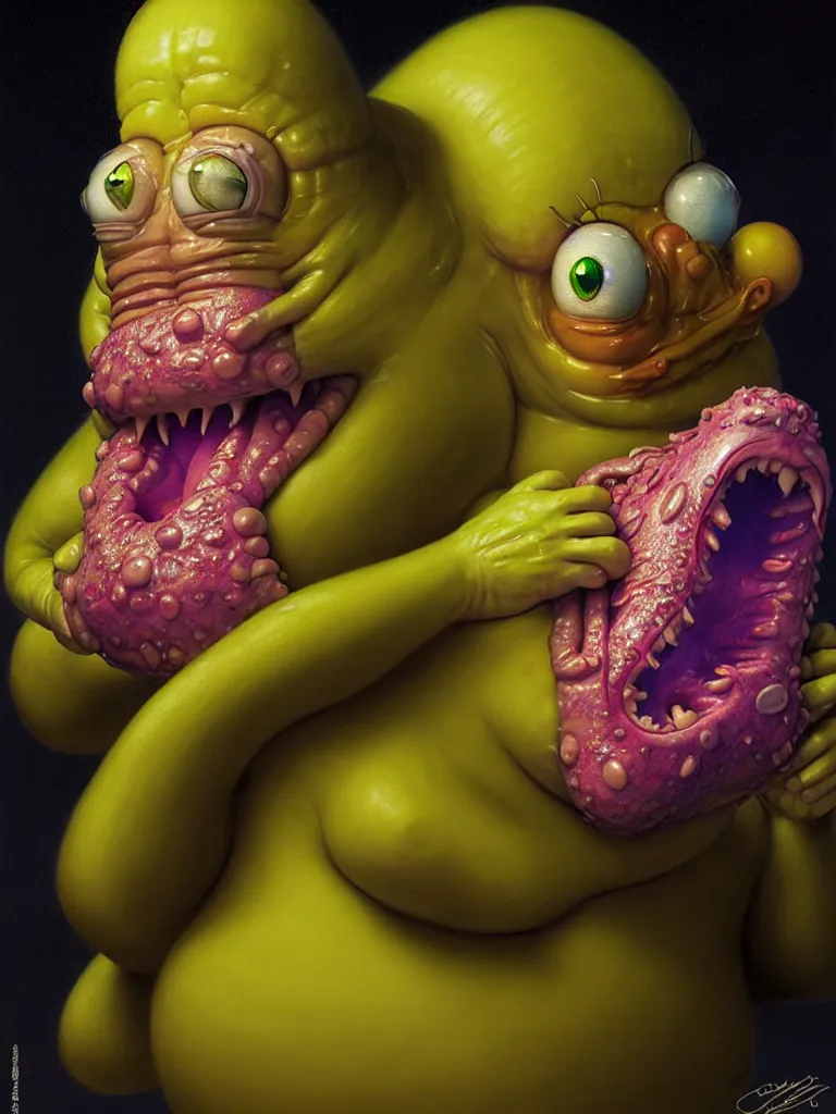 Image similar to hyperrealistic rendering, fat smooth cronenberg flesh monster spongebob by donato giancola and greg rutkowski and wayne barlow and zdzisław beksinski, product photography, action figure, sofubi, studio lighting, colored gels, colored background