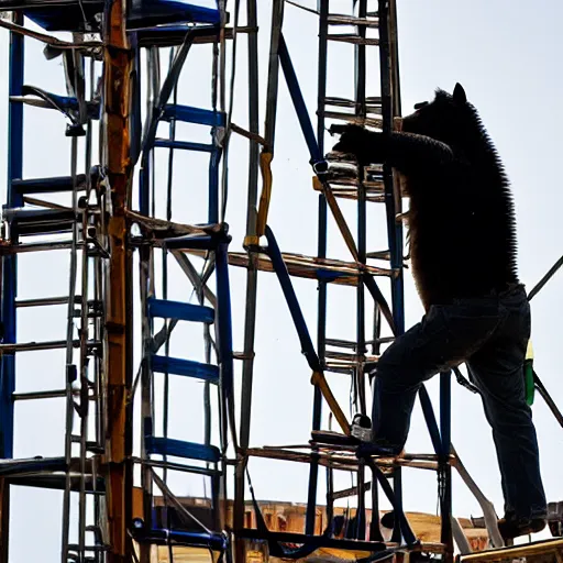 Image similar to man bear rigging a stage on a scaffold