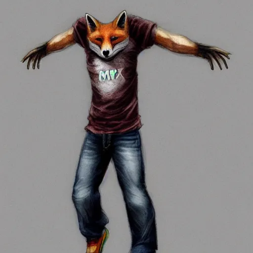Image similar to A fox with a small head wearing a t-shirt and jeans, trending on FurAffinity, energetic, dynamic, digital art, highly detailed, FurAffinity, digital fantasy art, FurAffinity, favorite, character art, portrait