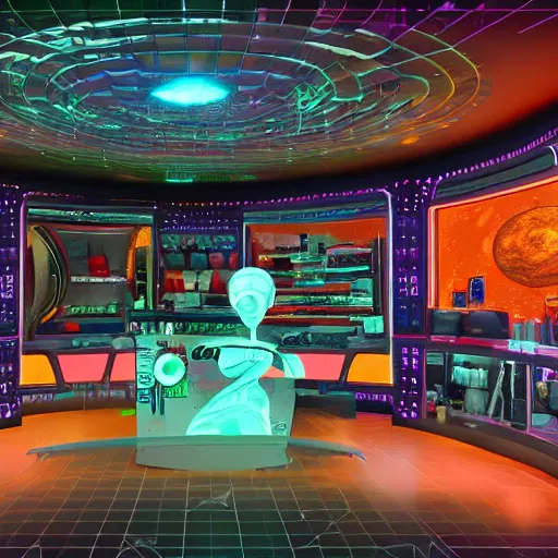 Image similar to alien shop, futuristic, holographic, 8k