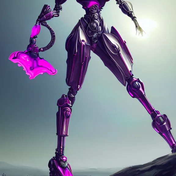 Image similar to extremely detailed giantess shot of a goddess that's a giant beautiful stunning anthropomorphic robot female dragon, standing majestically on a mountain, elegant pose, robot dragon claws, streamlined shiny silver metal armor, fuchsia skin, detailed sharp metal claws, sleek thick robot legs, long elegant tail, detailed warframe fanart, destiny fanart, high quality digital art, giantess art, furry art, warframe art, Destiny art, furaffinity, DeviantArt, artstation, 8k HD, octane render