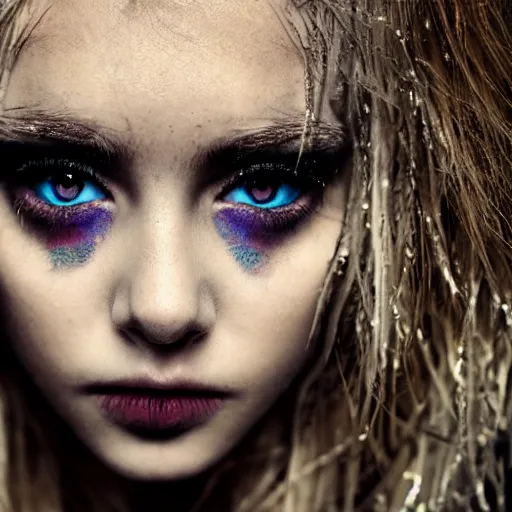 Image similar to A gorgeous blonde, grungy, unkept hair, glowing eyes, modelsociety, wet from rain, radiant skin, huge anime eyes, bright on black, dramatic, studio lighting, perfect face, intricate, Sony a7R IV, symmetric balance, polarizing filter, Photolab, Lightroom, 4K, Dolby Vision, Photography Award