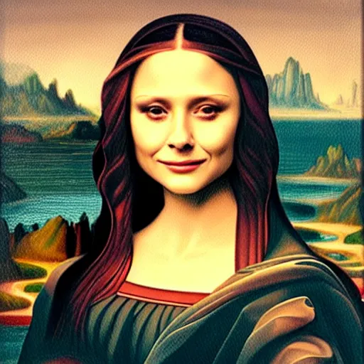 Image similar to An oil painting portrait of Elizabeth Olsen in the style of the Mona Lisa, by Leonardo da Vinci, trending on arstation