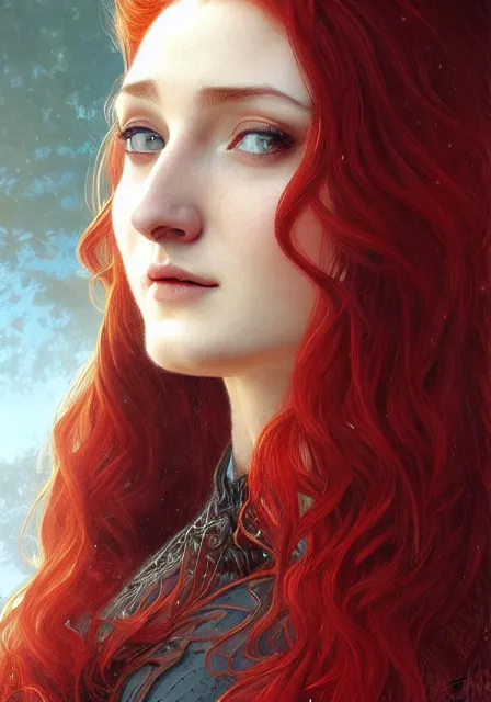 Image similar to portrait of sansa stark with long red hair, intricate, elegant, highly detailed, digital painting, artstation, concept art, smooth, sharp focus, illustration, art by artgerm and greg rutkowski and alphonse mucha and william - adolphe bouguereau