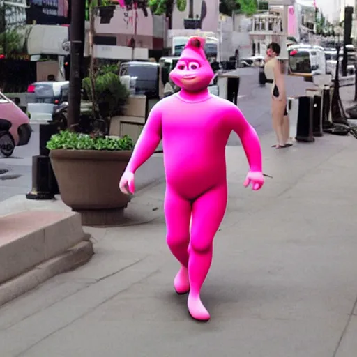 Image similar to Shrek in a Pink Morph Suit walking on the streets of L.A in the mid-2000s, photo taken in the 2000s, photograph, real, realistic, real life, in real life, hyperrealistic, cool, nostalgic, epic, detailed, very detailed, highly detailed, digital art, trending on artstation, in the style of Jamie Hewlett