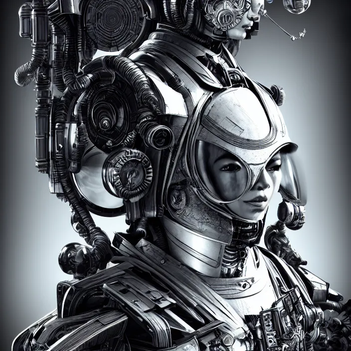 Image similar to a vertical portrait of a character in an spaceship by nihei tsutomu, black and white, dreamy, steampunk bioarmor, highly detailed, 3 d render, vray, octane, realistic lighting