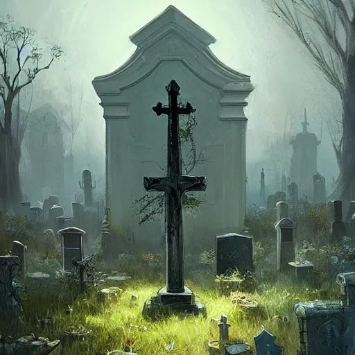 Prompt: A Greg Rutkowski painting of a graveyard, floralpunk