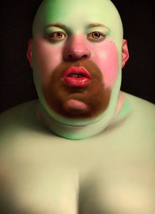 Prompt: human fat pale man, greenish skin, wearing fancy renaissance clothes, fantasy, renaissance painting, portrait in the style of caravaggio and craola, macro lens, shallow depth of field, highly detailed, digital painting, trending artstation, concept art, illustration, cinematic lighting, vibrant colors, photorealism, epic, octane render, magic the gathering artwork, centered