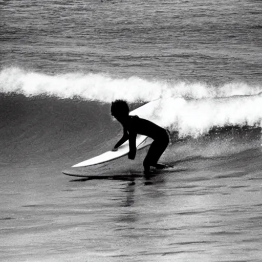 Image similar to 1960s photo of a surfer playing guitar on the waves