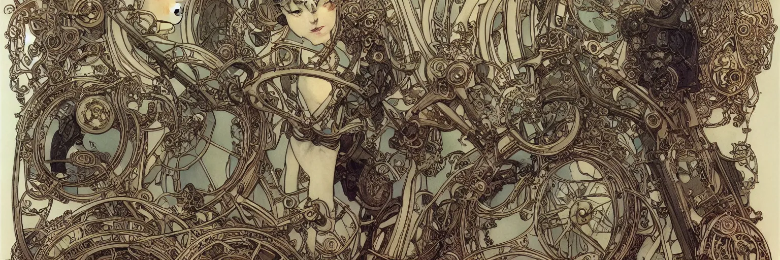 Image similar to art nouveau dieselpunk frames and designs only, no central figure, by travis charest, moebius and mucha, intricate, ornate, circuitry, gears, painted, extremely hyperdetailed, art deco, masterpiece, sharp focus, realistic technical details