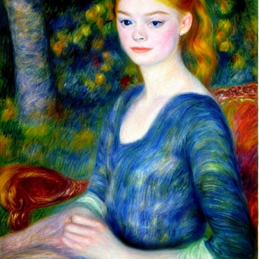 Image similar to A dream-like head and shoulders oil portrait of Elle Fanning, by Renoir. 8K. Extremely detailed.