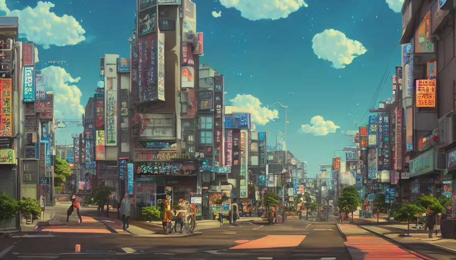 Image similar to A highly detailed matte painting of a suburban tokyo street with a bright shimmering sky by Studio Ghibli, Mokoto Shinkai, by Artgerm, by beeple, volumetric lighting, octane render, 4K resolution, trending on artstation, vivid colours