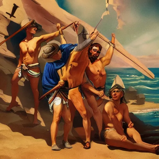 Image similar to Phoenician sailors discovering the Americas, pulp art, trending on artstation, dramatic, epic