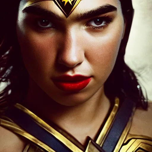 Image similar to a potrait of Dua lipa as wonder woman by Zack Snyder, Christopher Nolan, 8k photorealistic, cinematic lighting, HD, high details, dramatic, trending on artstation, view from below, dark atmosphere,