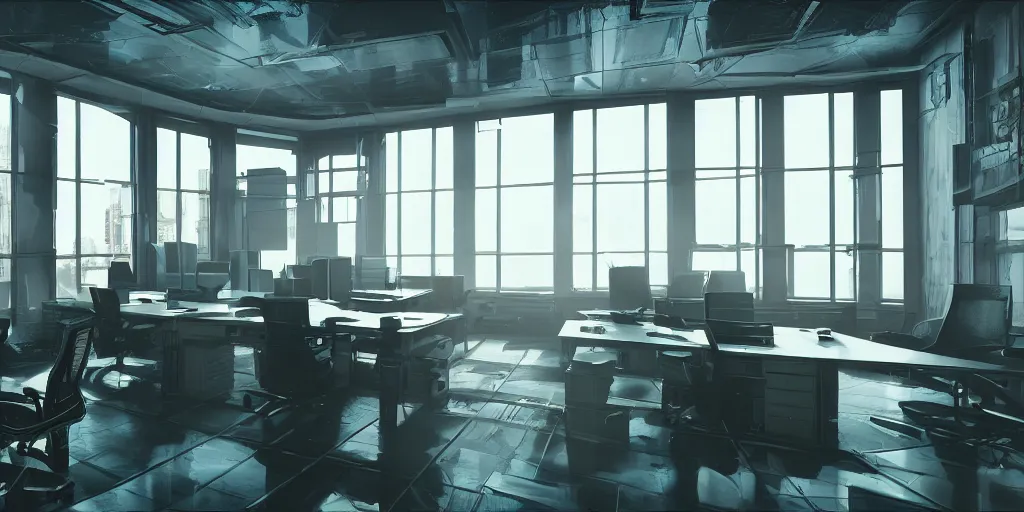 Prompt: interior shot of office cinematic shot with windows cyberpunk, hyper detailed, artstation, 8k