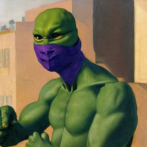 Prompt: donatello from the teenage mutant ninja turtles in a painting by edward hopper, friendly