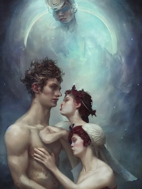 Prompt: a gorgeous portrait of two star-crossed lovers with the weight of their connection bearing down on them, hyperrealistic, award-winning, in the style of Tom Bagshaw, Cedric Peyravernay, Peter Mohrbacher