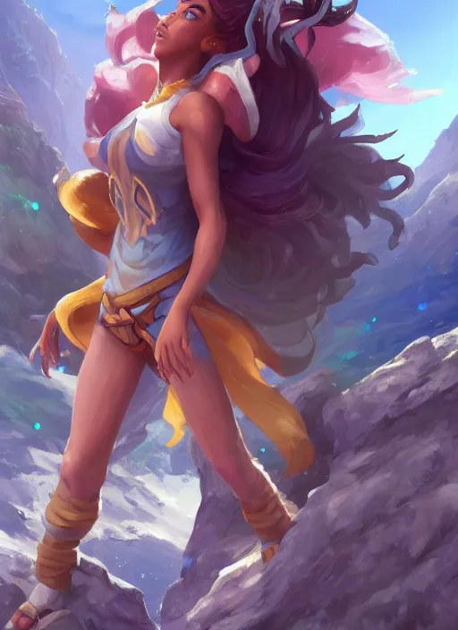 Image similar to joyful taliyah, from league of legends, au naturel, with abs, rock climbing, hyper detailed, mountain background, digital art, trending in artstation, cinematic lighting, studio quality, smooth render, unreal engine 5 rendered, octane rendered, art style by klimt and nixeu and ian sprigger and wlop and krenz cushart