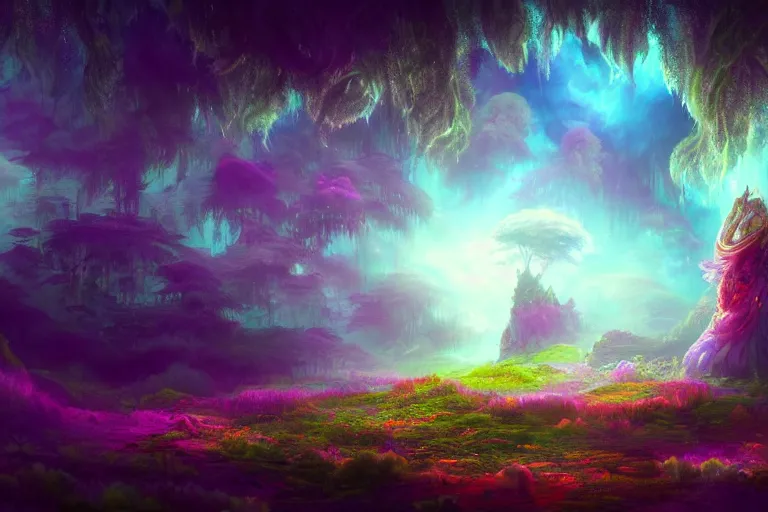 Image similar to a psychedelic realm hidden away in a pocket of ethereal understanding | astral beings sharing love | in the style of greg rutkowski | and wlop | and lisa frank | and bob ross | and ruan jia | illustration | epic | fantasy | hyper detailed | smooth | unreal engine | sharp focus | ray tracing