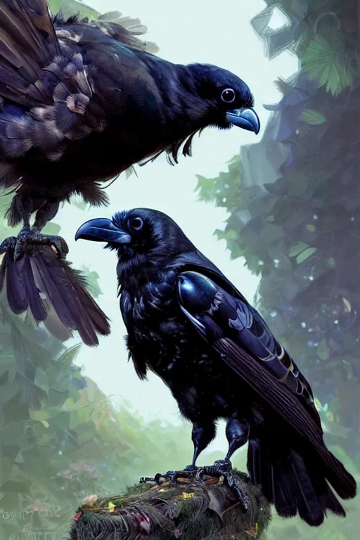 Image similar to clear portrait of a baby raven, cottagecore!!, background hyper detailed, character concept, full body, dynamic pose, glowing lights!! intricate, elegant, highly detailed, digital painting, artstation, concept art, smooth, sharp focus, illustration, art by artgerm and greg rutkowski and alphonse mucha