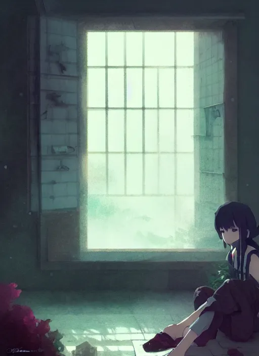 Image similar to interior background : { near the window, rainy outside }, no character, illustration concept art anime key visual trending pixiv fanbox by wlop and greg rutkowski and makoto shinkai and studio ghibli